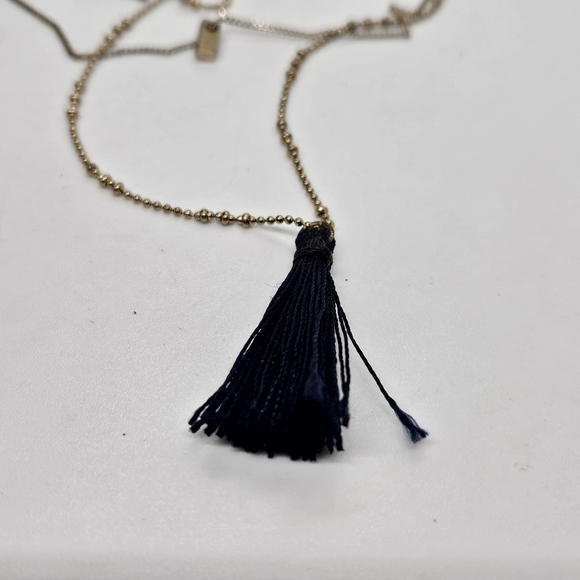 gold tone layered necklace with rectangle pendant and blue tassel - Picture 3 of 4